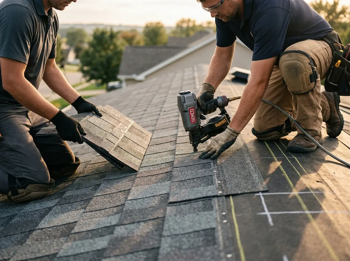 Professional roofer working on a residential roof in Escondido